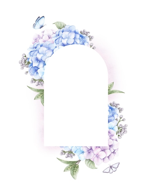 template with hydrangea flowers buds leaves butterflies and ribbons watercolor hand drawn
