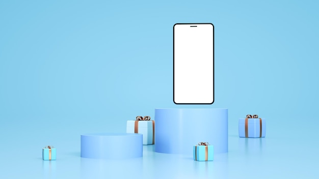 Template with a phone and gifts around it in blue tones  3D rendering