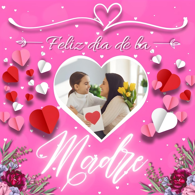 template with pink background with hearts and flowers for Mothers Day