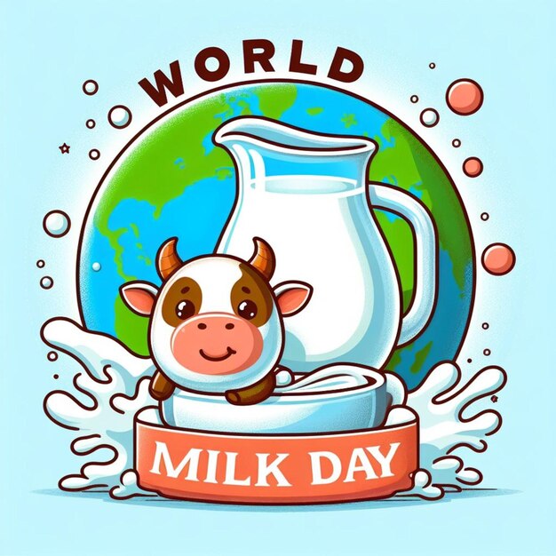 Photo template of world milk day with a cow is sitting in a bowl with milk