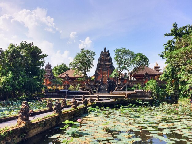 写真 天空に照らされた寺院と池