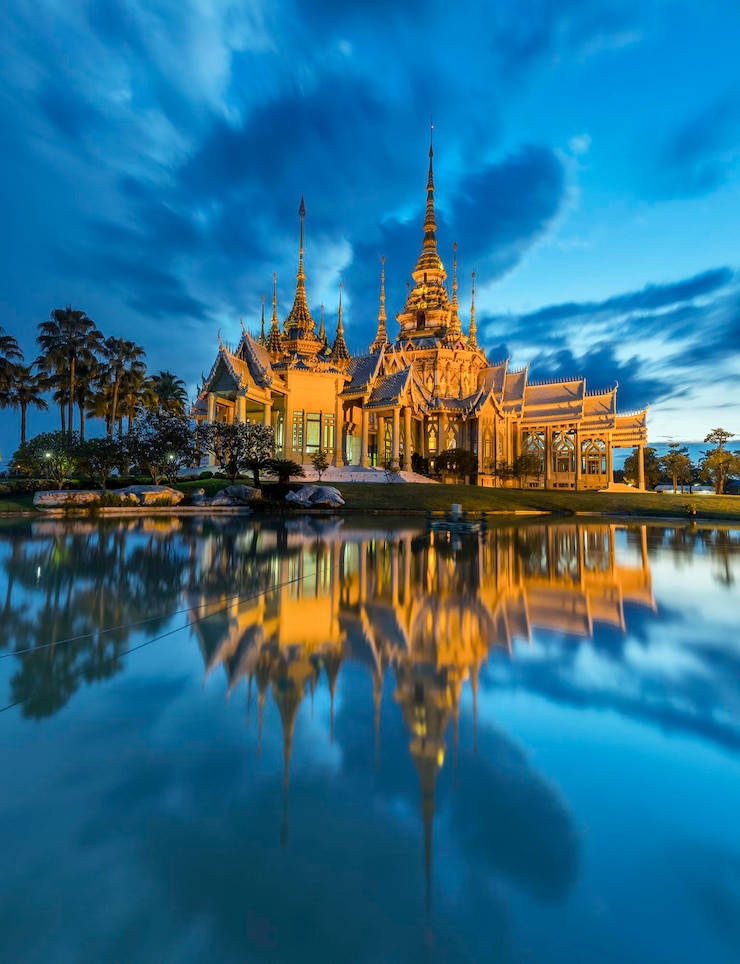 Photo temple by lake against sky during dusk