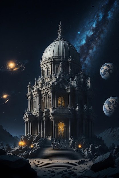 A temple or church surrounded by stars and planets