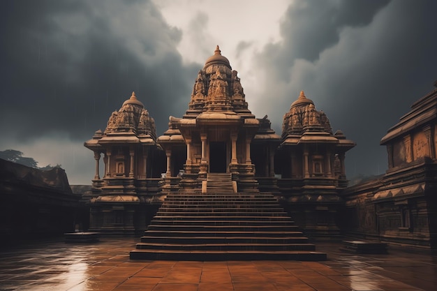 A temple in the clouds with a dark sky behind it