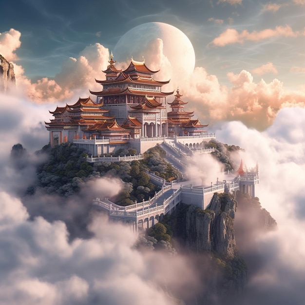 A temple in the clouds with the moon behind it