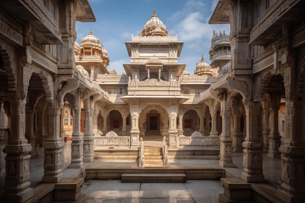 Temple courtyard with ornate architecture created with generative ai