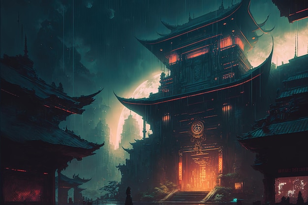 Temple in the cyberpunk style abstract Japanese image city in the future dystopian art at night 4K