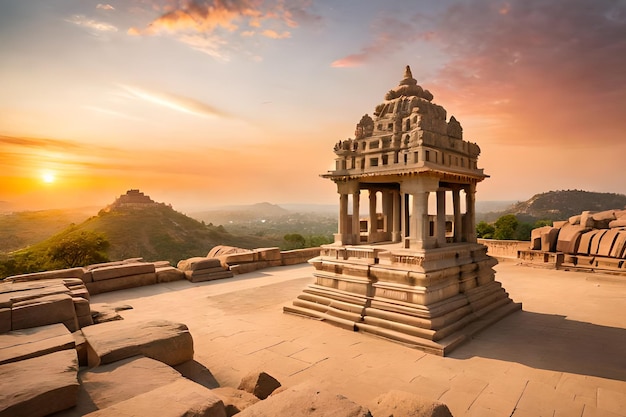 Photo a temple in the desert at sunset