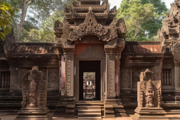 Temple entrance gate featuring intricate carvings and towering columns