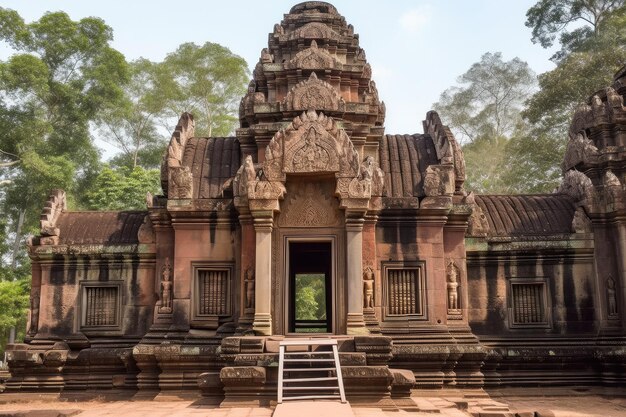 Temple entrance gate featuring intricate carvings and towering columns