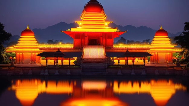 A temple in the evening with the lights on