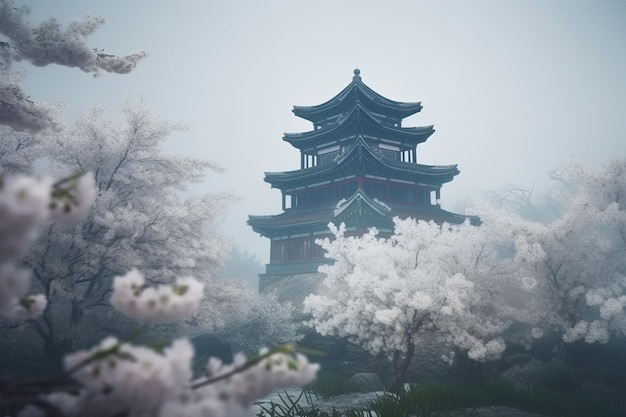 Temple on flowers landscape Generate Ai