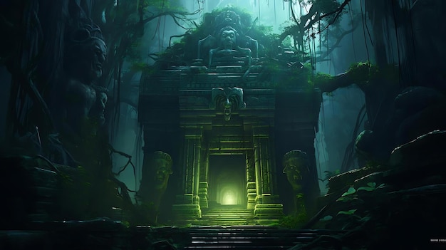 A temple in the forest with a green light on the left