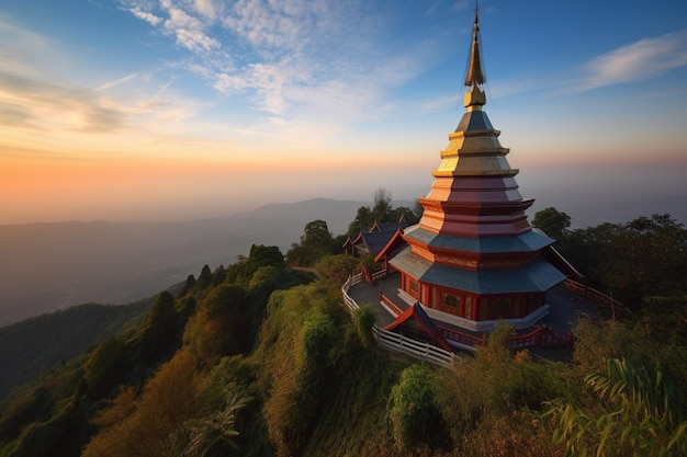 A temple on a hill at sunset