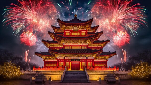 寺院 は 中国 の 新年 の 花火 に よっ て 照らさ れ て い ます