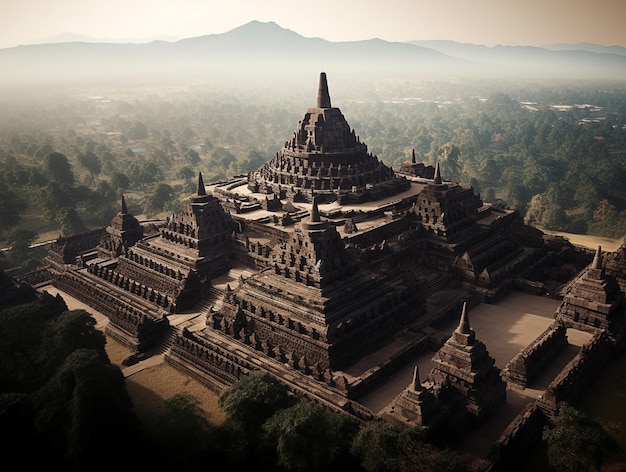 A temple in indonesia is seen from above.