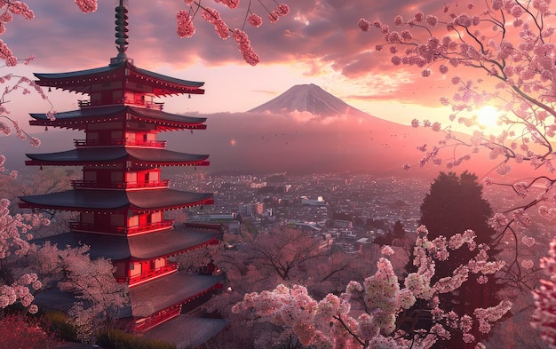 태양이 뜨는 일본의 사원, 체리 꽃이 피고, 다채롭고 활기찬 빛, 멀리서 산이 보인다.