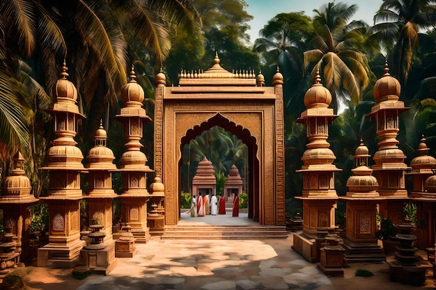 Photo a temple in the jungle with palm trees and a palm tree.