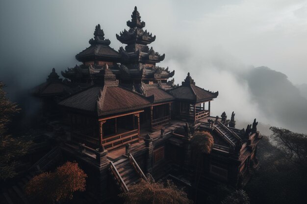 A temple on a mountain in the fog