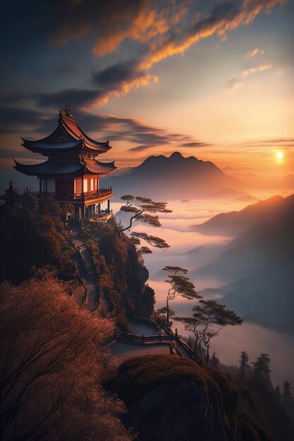 A temple on a mountain with the sun setting behind it