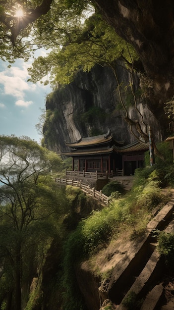 A temple in a mountain with a tree on the side