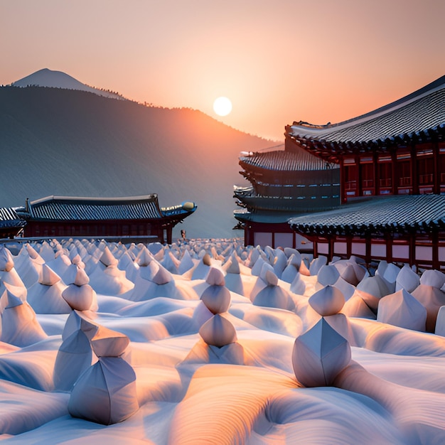 사원 산, 해가 뜨는 파고다, 안개, 소나무, 전통 건축, 아시아, 평온함