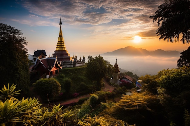 Photo a temple in the mountains at sunrise