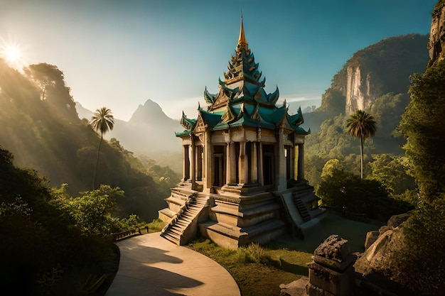 a temple in the mountains with a mountain in the background.