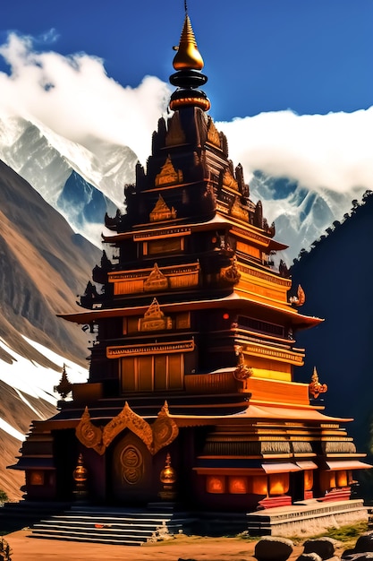 A temple in the mountains with the sky behind it