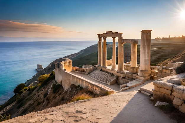 The temple of poseidon sits on a cliff overlooking the ocean.