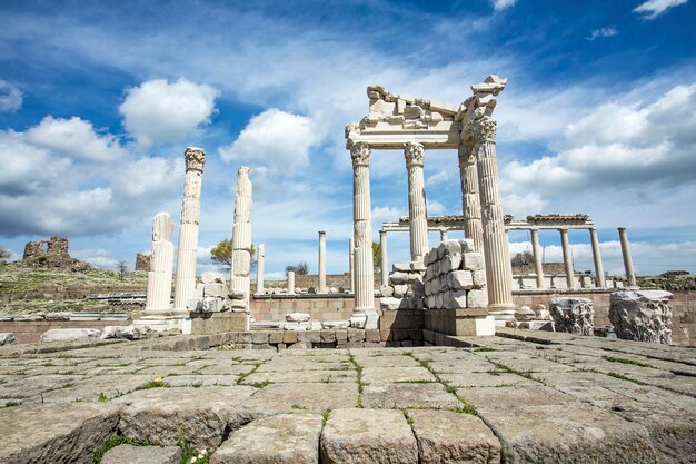 Temple of Trajan in ancient city Pergamon, Bergama, Turkey in a beautiful spring day