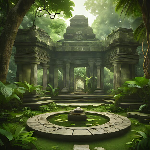 Photo a temple with a circular circle of water and a plant with a large round circle in the middle