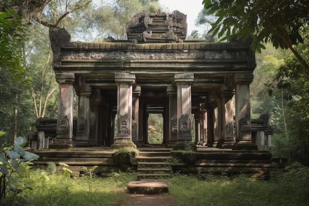 Temple with columns and archways surrounded by greenery