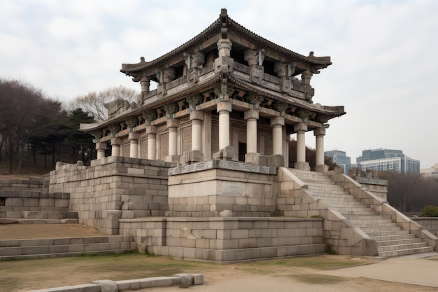 Temple with exterior columns and intricate details visible against the skyline of a city