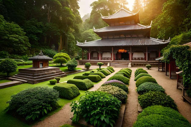 A temple with a garden in front of it