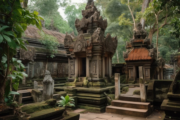 Temple with intricate carvings and statues of gods surrounded by lush greenery