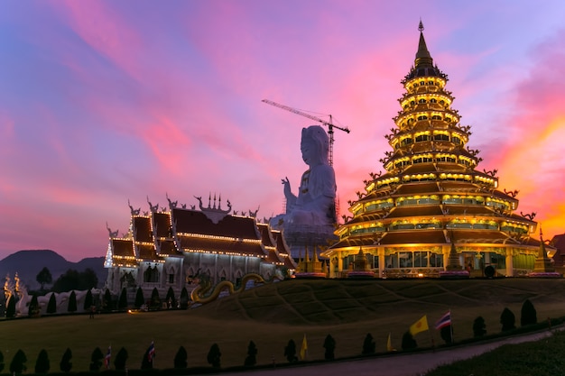 Temple with light in the evening twilight.