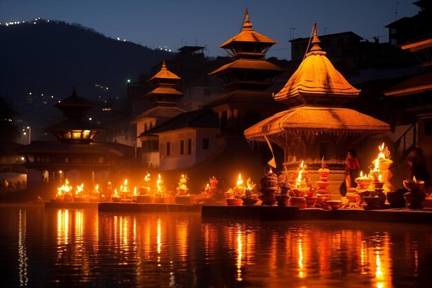 Photo a temple with a lit up lantern and a temple in the background