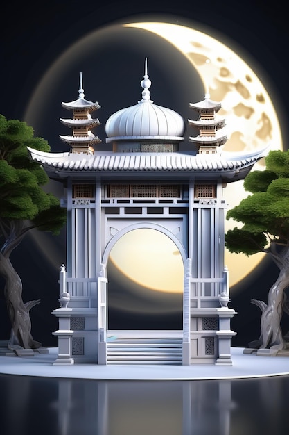 a temple with a moon in the background.