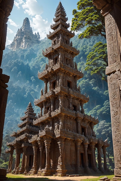 Foto un tempio con una montagna sullo sfondo