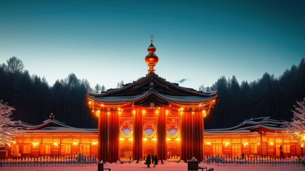 夜の塔のある寺院