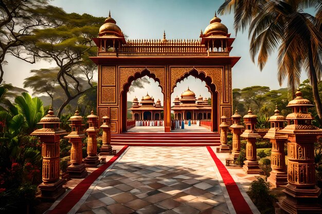 Photo a temple with a palm tree in the background