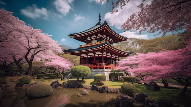 A temple with pink flowers in the foreground