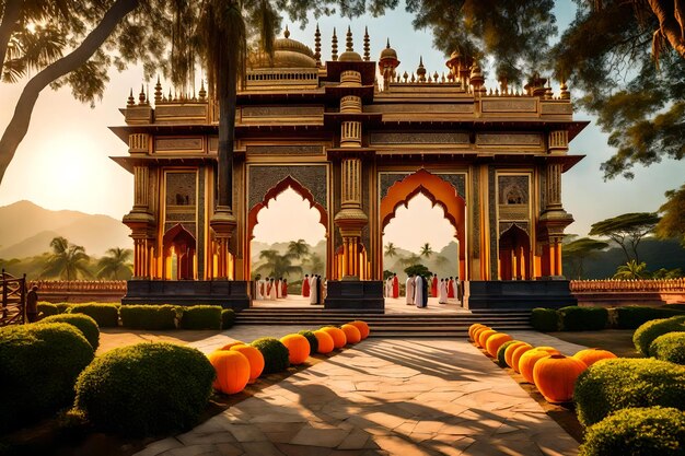 Photo a temple with pumpkins on the front.