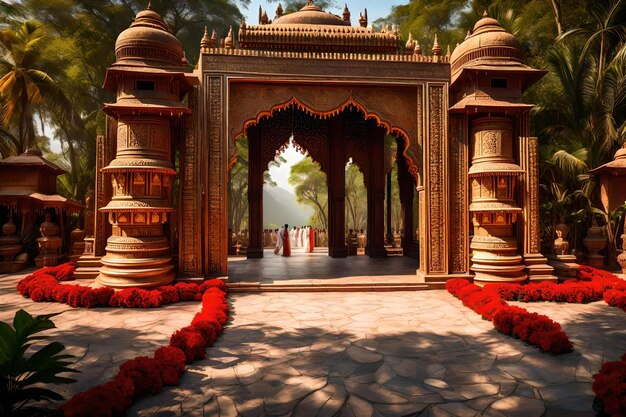 Photo a temple with a red arch and a palm tree in the background.