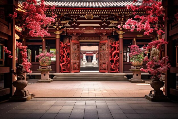 a temple with a red door and a red door