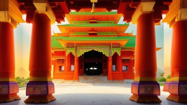 A temple with a red and green color scheme and the word buddha on the front.