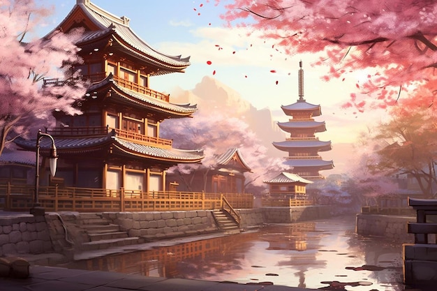 a temple with a red roof and a pink cherry blossom tree in the background.