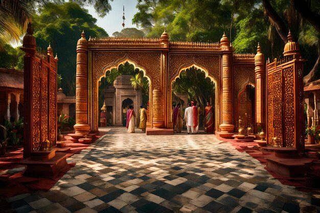 A temple with a red stone floor and a red stone floor.