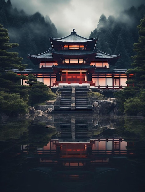 a temple with a reflection of a red door in the water.